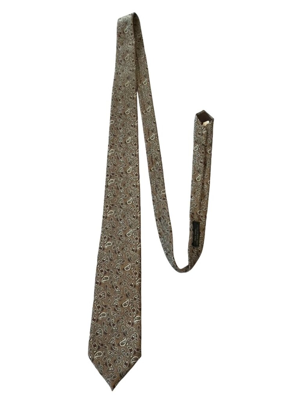 Hardy Amies London Paisley Tie Brown Gold Silk Look Handmade Italy Vintage